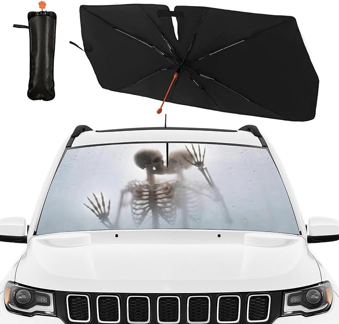Skull Skeleton Car Windshield Sun Shade Umbrella Bendable Handle Foldable Funny Skull Sunshade for Car Windshield Block UV Rays Keep Vehicle Cool for Most Sedans SUV Trucks Cars 57"x30" - Image 3