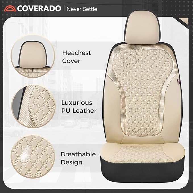 Coverado Car Seat Covers Full Set, Beige Car Seat Covers, Luxury Leather Car Seat Cover with Carbon Fiber Textured Design, Spill-Proof Seat Cushions, Automotive Seat Cover Universal Fit Most Cars - Image 6