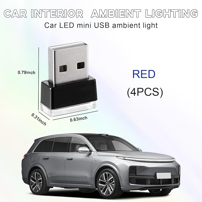 4 PCS USB LED Car Interior Atmosphere Lamp, Portable Mini LED Night Light, Plug-in USB Interface Trunk Ambient Lighting Kit, Universal Interior Car Accessories (Red) - Image 2
