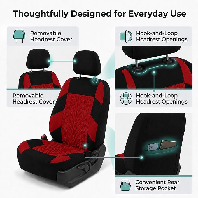 FH Group Car Seat Covers Full Set Premium Cloth - Universal Fit,Automotive Seat Cover,Low Back Front Seat Covers,Airbag Compatible,Split Bench Rear Seat,Washable Seat Cover for SUV,Sedan Red - Image 5