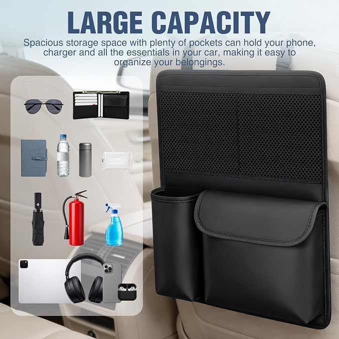 Nilight Car Seat Back Organizer 1PC Black PU Leather Universal | Multi Pockets Foldable Waterproof Scratch Resistant Hanging Storage Bag for Cars Vans SUVs MPVs Pickup Trucks - Image 4