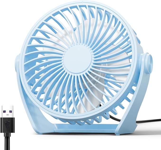 Edvision USB Desk Fan, 5 Inch Small Portable, 3 Speeds Powerful Wind Mini Personal Desktop Fan 360° Rotation Adjustable, Plug In USB Fan Quiet for Table Home Office Travel Car(Blue) by Edvision