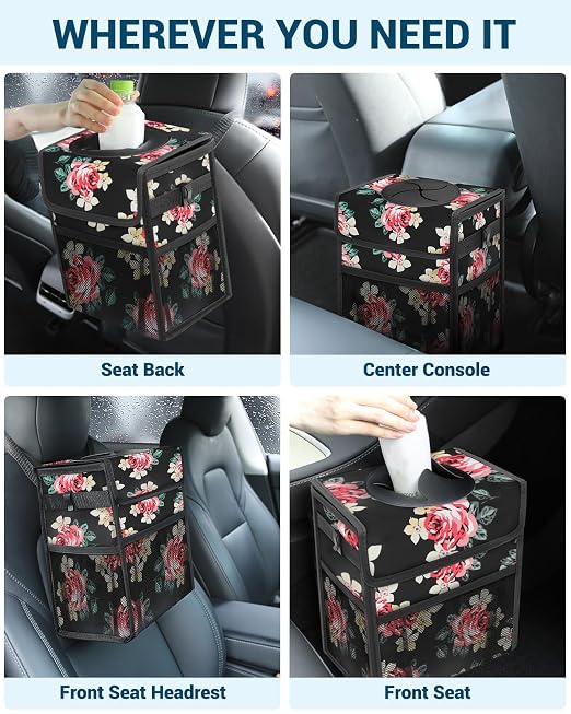 Capolo Car Trash Can with Lid, Leakproof Car Garbage Can Car Trash Bag | Waterproof, Trash Can for Car, 3 Mesh Pockets, Mini Hanging Vehicle Car Trash Bin, for Back/Front Seat (Flower,2.5 Gal) - Image 6