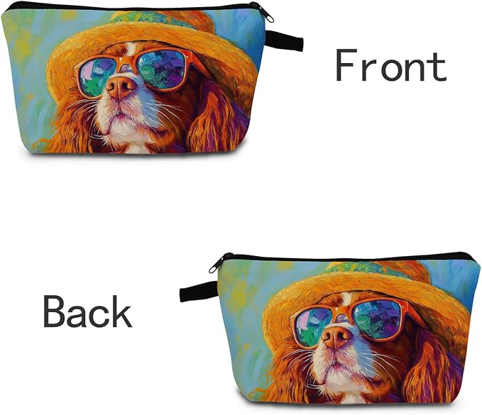 Cavalier King Charles Spaniel Makeup Bag Vintage Oil Painting Style Adorable Dog with Straw Hat & Sunglasses Artistic Cosmetic Pouch for Dog Lovers Gift for Pet Enthusiasts - Image 6