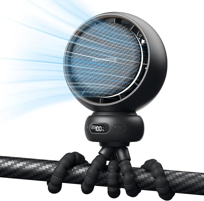 MAMAZING Portable Stroller Fan for Cooling, 70° Auto Oscillation, 5000mAh | 5 Speeds with Natural Wind Mode, USB-C Rechargeable, LED Display, 7 Soothing Songs & Night Light for Car, Crib, Outdoor Use by MAMAZING