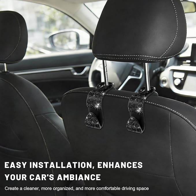 4 PCS Bling Car Seat Headrest Hooks, Sparkly Crystal Rhinestone Auto Back Seat Hanger Backpack Storage Hanger, Universal Diamond Handbag Hanging Holder for Car RV SUV Truck (Black) - Image 6