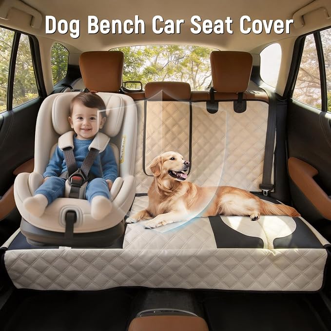 Pet Bench Seat Covers for Mid-Size Sedans and SUVs, Heavy Duty Nonslip Car Seat Protector for Child Car Seat, Waterproof Back Seat Covers for Dogs and Kids, Armrest & Seatbelt Access(Beige) - Image 3