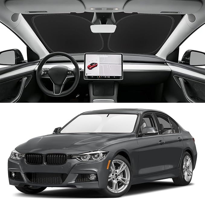 Custom Fit Windshield Sun Shade for 2013-2018 BMW 3-Series | Blocks UV Rays and Sun Heat, Helps Reduce Interior Temperature, Protects Dashboard from Fading, Folds Easily for Storage by SLOGENTO