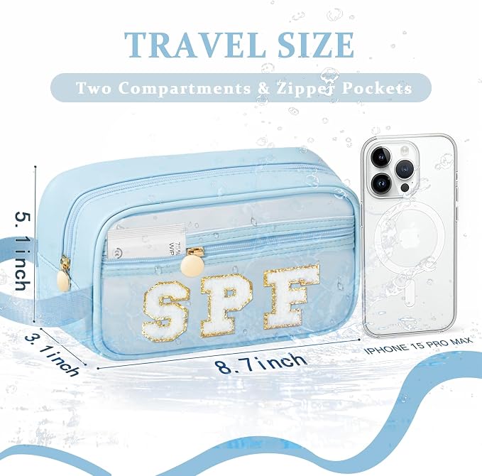 COSHAYSOO Clear Sunscreen Bag Makeup Toiletries Pouch Beach Vacation Essentials Summer Travel Stuff Accessories Personalized Graduation Gifts for Her Women College Teen Girls Teacher Nurse Blue SPF - Image 2