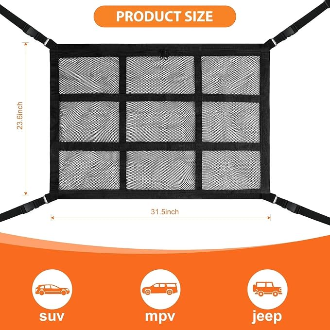 Dog Car Net Barrier,Universal Fit Sturdy Double-Layer Mesh 31.5"x23.6" Car Ceiling Cargo Net Pocket with Flexible Bungee Cords for Seat Movement Easy to Install - Image 2
