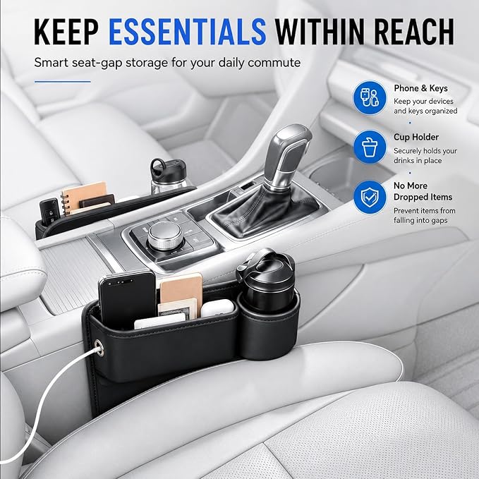 2 Pack Car Seat Gap Filler with Cup Holder – Anti-Drop Design | Universal PU Leather Seat Gap Organizer, Storage Box with Pockets & Cup Holders – Fits Most Vehicles - Image 7