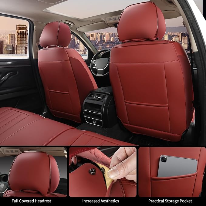 Red Seat Covers for Cars, 2Pcs Universal Leather Car Seat Covers Front Seats, Full Coverage Automotive Seat Covers for Most Sedans Trucks SUVs, Waterproof Breathable Car Seat Cover - Image 2