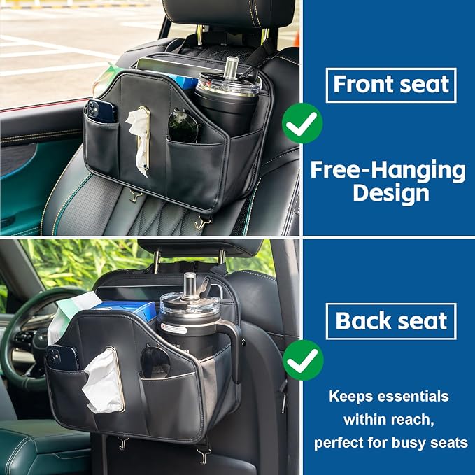 Multifunctional Car Tissue Holder,Back Seat Organizer with Cup Holder,PU Leather Car Headrest Seat Back Storage,Snack Organizers for Kids,Large Tissue Box Cover Fit Kleenex Tissues(50-230ct) - Image 6