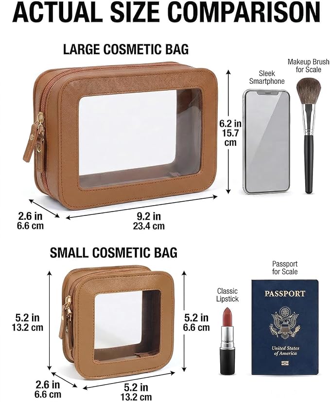 Clear Makeup Bag Organizer Set, Travel Toiletry Bag Cosmetic Case for Women, Portable Make up Skincare Pouch Car Organizer Bag with Zippers for Essentials (2Pack-Standard & Square, Brown) - Image 7