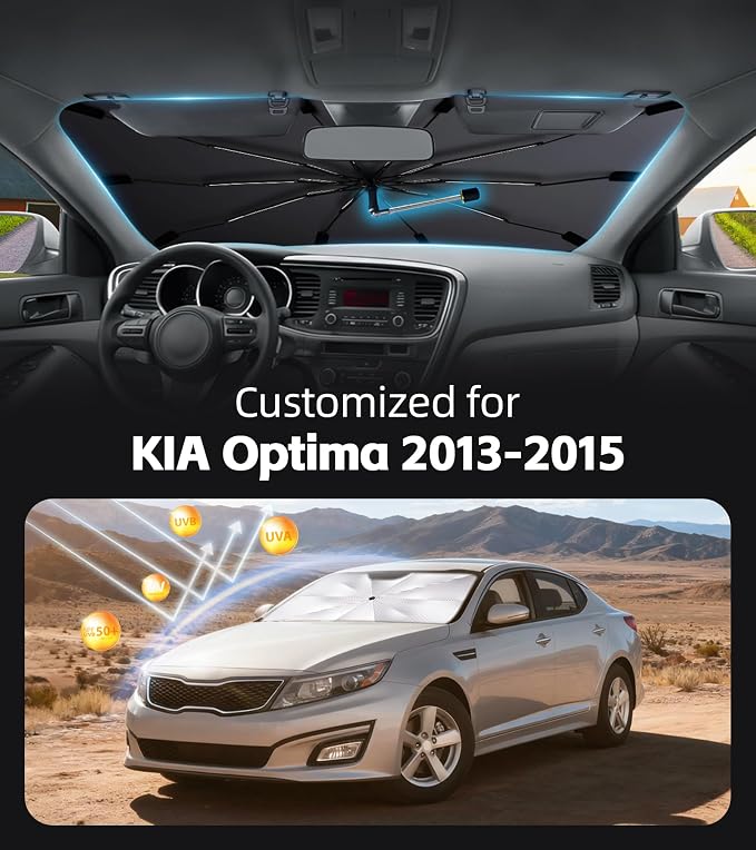 Windshield Sun Shade for Kia Optima 2013-2015 with 360° Rotating Shaft | Custom Fit Umbrella Sunshade for UV Blocking, Car Sun Visor Keeps Car Cool, Protects Interior & Easy Storage - Image 2