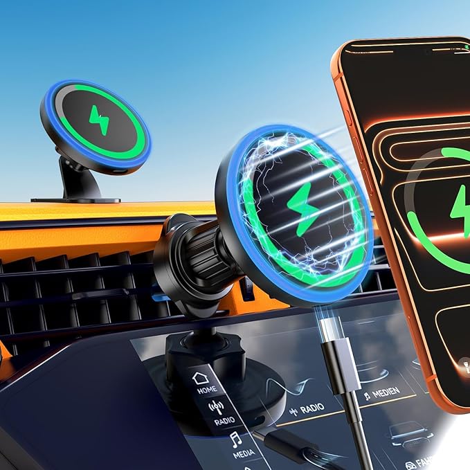 Mag Safe Car Mount Charger, 3 in 1 [LED RGB HandsFree] Wireless Car Charger | Strong Magnetic Phone Holders for Your Car- Fast Charging MagSafe Car Phone Monut Charger for iPhone 17/16/15/14/13/12 Series by bokilino