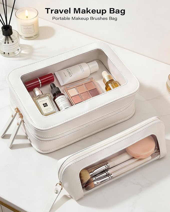 2 PCS Clear Makeup Bags Set,Waterproof PU Leather Travel Cosmetic Bags, Transparent Toiletry Bag Organizer with Zipper, Portable Makeup Brush Case Pouch for Women Girls Travel Daily Use (White) - Image 3