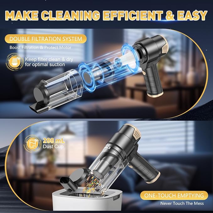 KMM Handheld Car Vacuum Cleaner, 16000PA Hand Held Vacuum & Air Duster | Strong Suction, 120W High Power, Portable, Cordless, Rechargeable, Multi-Nozzles & LED Liht, for Home, Car, Office, Pet - Image 5