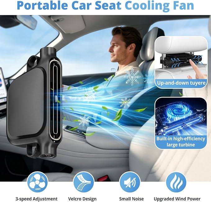 USB Car Seat Fan for Backseat - 3 Speeds (No Battery, Not Rechargeable) | Quiet Mini Portable Neck Fan for Car Accessories, Cooling Fans for Baby Kids Rear Facing, Carseat Fan for Jeep SUV Van Truck - Image 4