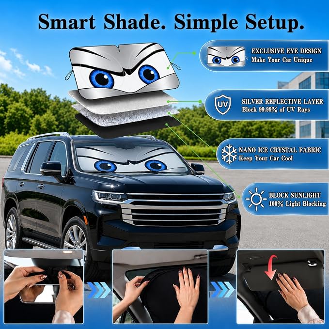 Car Windshield Sun Shade, Universal Fit Full-Size SUV Pickup, Sporty Silver | 63 x 33.86" Large Windshield Cover, Foldable Front Window Sunshade, UV Heat Blocker, Cute Eyes Series - Image 4