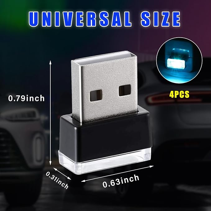 Augeny 4 PCS USB LED Car Interior Atmosphere Lamp, Plug-in USB Decor Night Light, Portable Auto Ambient Lighting Kit, Universal Vehicle Interior Accessories for Most Cars (Ice Blue) - Image 2