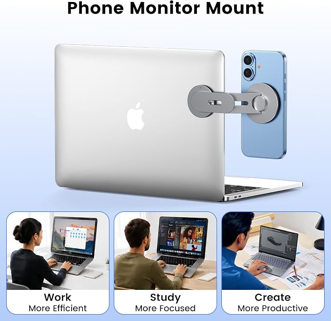 Magnetic Phone Holder for Laptop, MagSafe Laptop Phone Mount for iPhone 17/16/15/14/13/12 & All Phones, 180°Adjustable Magnetic Phone Holder for Tesla Monitor (Gray) - Image 9