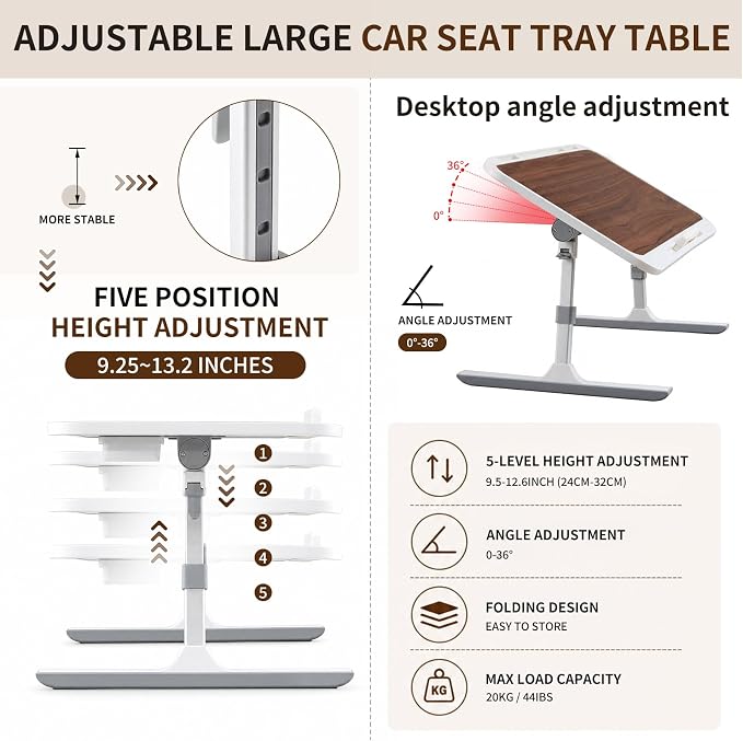 Xuhal Large Car Seat Tray Table, 23.6"×13.8" Adjustable Car Desk Laptop Desk 0–36° Wood Portable Detachable Lap Desks for Passenger Seat, Work, Eating, Camping, Home Use, Long Distance Use - Image 6