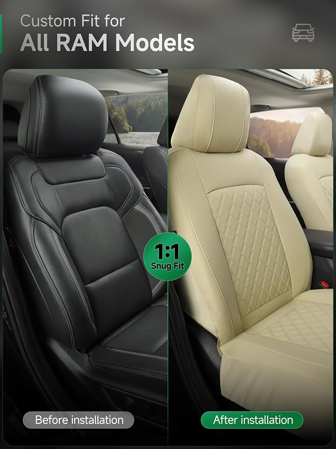 GIANT PANDA Front Truck Seat Covers for Dodge Ram 1500 2500 3500 2003-2026 Limited Laramie Big Horn Crew Cab& Quad Cab,Faux Leather,Solid Light Beige - Image 2