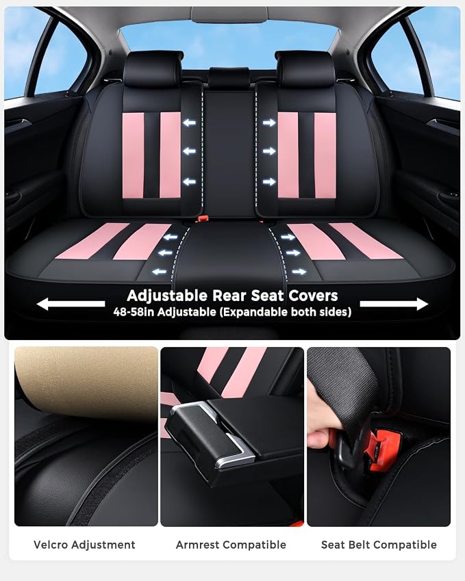 Huidasource Full Set Car Seat Covers, Premium Waterproof Faux Leather, Universal Fit for Most Cars, SUVs & Trucks, Airbag Safe, Quick to Install, Black & Pink - Image 3