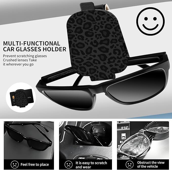 Leather Magnetic Sunglass Holder for Car Sun Visor, Cute Eyeglass Ticket Card Hanger Clip, Universal Auto Interior Accessories for SUV Pickup Truck Black Leopard - Image 2