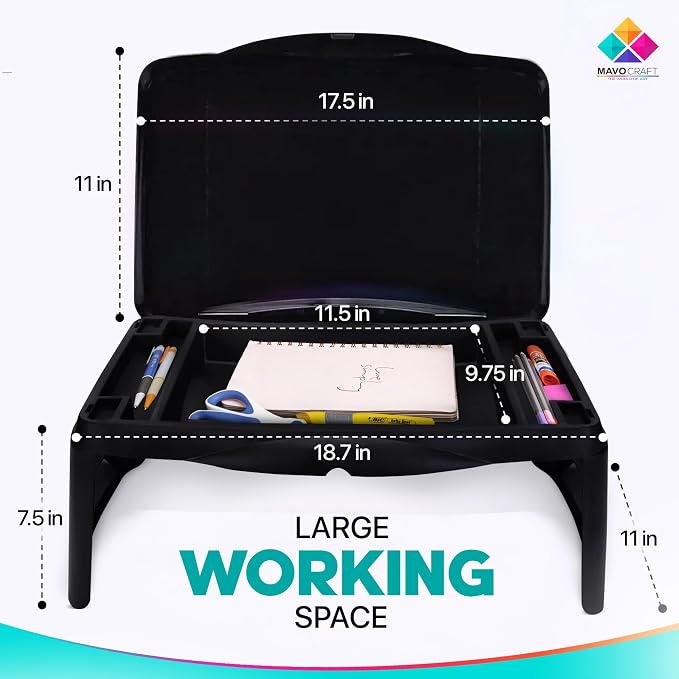 MAVOCRAFT Foldable Kids Lap Tray with Storage - Portable Lap Desk Kids & Adults - Kids Lap Desk for Breakfast in Bed, Serving Tray, Car Desk & Gaming (Black) - Image 3