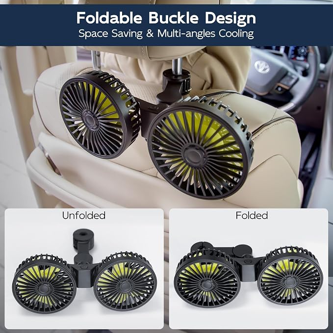 XOOL Car Fan for Backseat Kids, Dual Head USB Car Cooling Fans - 3 Speeds 360° Rotatable Rear Headrest Fans, 5V/2A Powerful Electric Air Circulation Fan for Vehicles SUV RV - Image 4