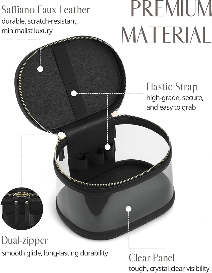 Travel Makeup Bag Clear Compact Make Up Vanity Case with Brush Storage and Top Handle, Toiletry Makeup Case Traveling Leather Cosmetic Bag, Portable Medium Large Sized Train Case, Black - Image 5