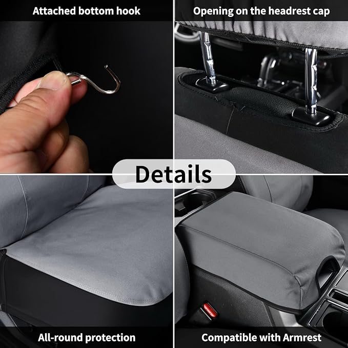 Coverado Canvas Car Seat Covers, Waterproof Seat Protector Car Seat Cushions, Seat Covers Compatible Custom Fit for 2015-2026 Ford F150 & 2017-2026 Ford F250 F350 F450, Full Set, Gray - Image 6