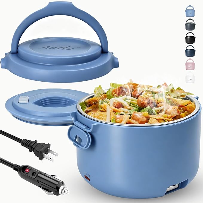 Electric Lunch Box, 32 oz Portable Food Warmer Heater, Lunch Warmer Portable for Work/Office/Car/Travel 12V/24V/110V 3-in-1, Warming Soup & Meal, Spill-Free, Men & Women's Gifts, Blue by Aotto