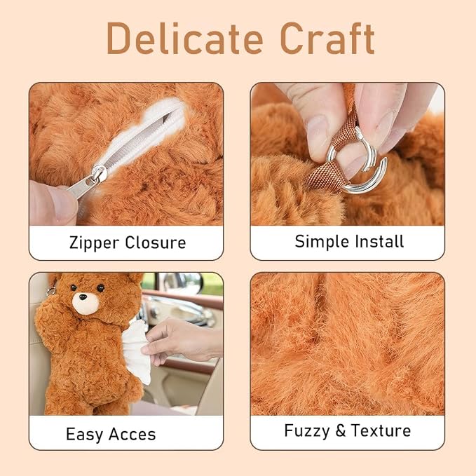 Tissue Box Cover Plush Tissue Box Holder for Car, Home, Decorative Holder/Organizer for Bathroom Vanity Countertop, Nightstands, Office Desk- Deep Brown Bear - Image 4