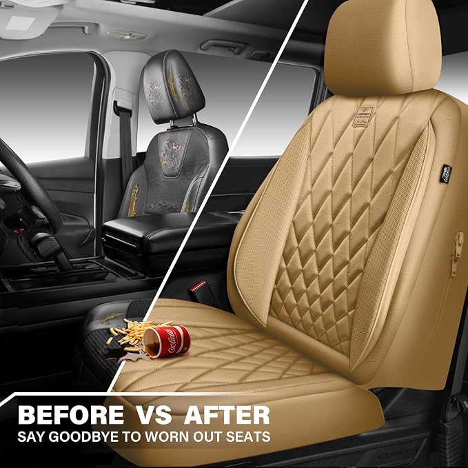 CAR PASS Piping Luxury PU Leather Two Front Car Seat Covers, Waterproof Anti Slip Seat Covers Compatible with Front Seat Armrests,Universal Fit for Suvs,Vans,Trucks,Airbag Compatible(All Beige) - Image 5