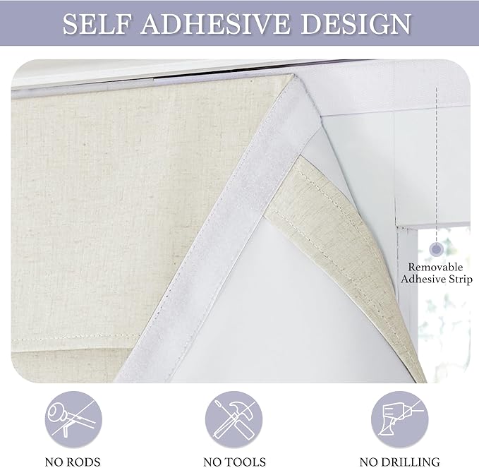 RYB HOME Natural Linen Textured French Door Window Curtains 100% Blackout | Self Adhesive, Thermal Insulated Privacy Energy Saving, Shades for Nursery Office Patio Glass Door, W34 x L80, 1 Panel - Image 2
