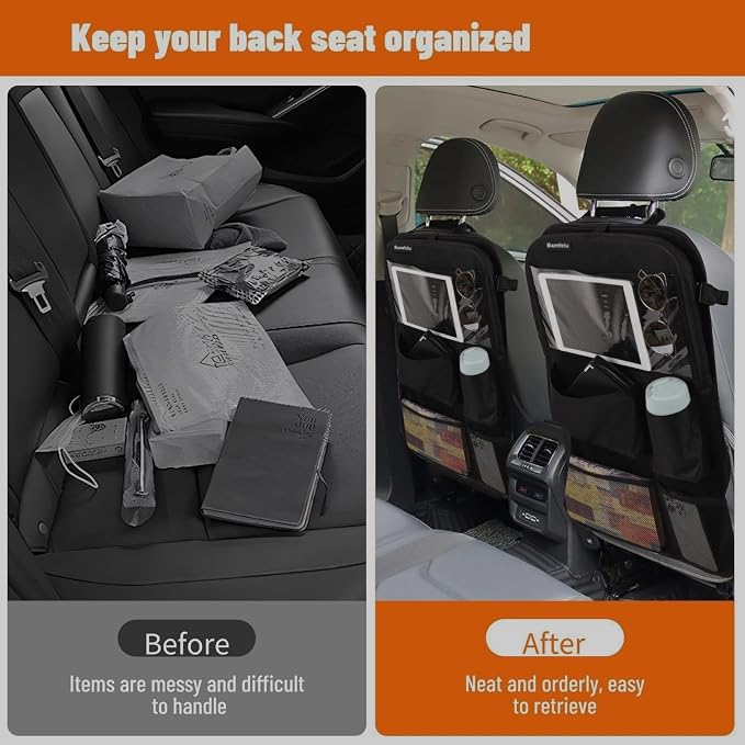 2 Pack Car Backseat Organizer with Foldable Table Tray, 16 Storage Zones Kick Mats Protector Tablet Holder for Family Travel (Black) - Image 5