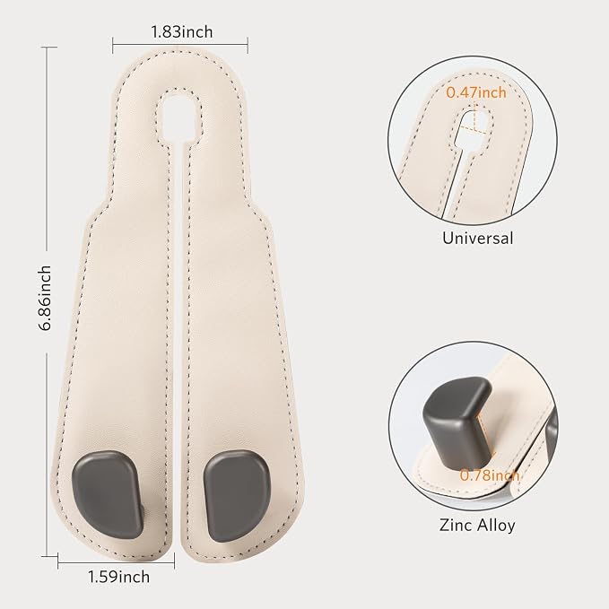CoBak Purse Hook for Car - Universal Premium Stitched Leather and Aluminum-Magnesium Alloy Double Car Seat Back Storage Hook for Purses, Handbags, Bags (2 Pack),Beige - Image 2