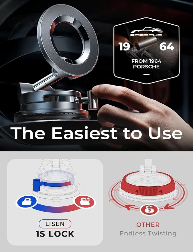 LISEN 2 Pack for Magsafe Car Mount, Magnetic Phone Holder for Car, Strong Magnetic Car Phone Mount, 89 LBS Suction Phone Mount Vacuum, Dashboard Gifts Phone Holders for Your Car Mount for iPhone 17 | 2400gf Strong Magnetic Power, 360° Adjustable Dashbo... - Image 9