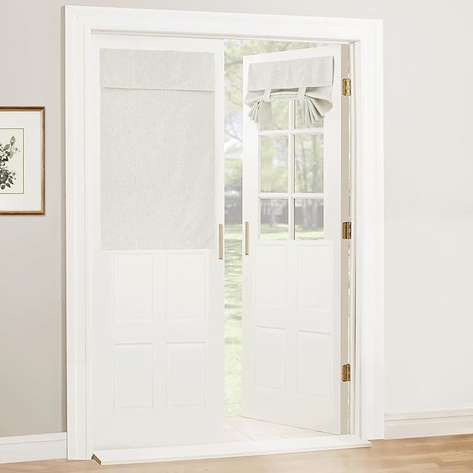 RYB HOME Natural Linen Textured French Door Window Curtains 100% Blackout | Self Adhesive, Thermal Insulated Privacy Energy Saving, Shades for Nursery Office Patio Glass Door, W30 x L40, 1 Panel by RYBHOME