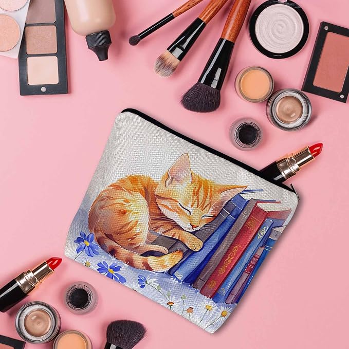 Cat Cosmetic Travel Bag For Toiletries, Funny Cat Kitten Sleep Floral Library Bookshelf Makeup Bag Toiletry Bags For Women, Flax Cosmetic Bags Make Up Bag Purse Toiletries Bag Birthday Gift - Image 3