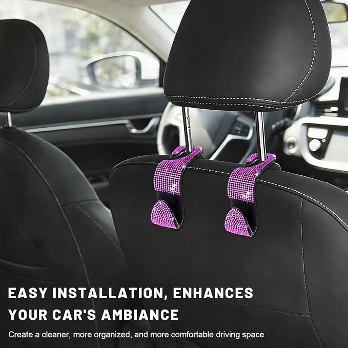 4 PCS Bling Car Seat Headrest Hooks, Sparkly Crystal Rhinestone Auto Back Seat Hanger Backpack Storage Hanger, Universal Diamond Handbag Hanging Holder for Car RV SUV Truck (Pink) - Image 6