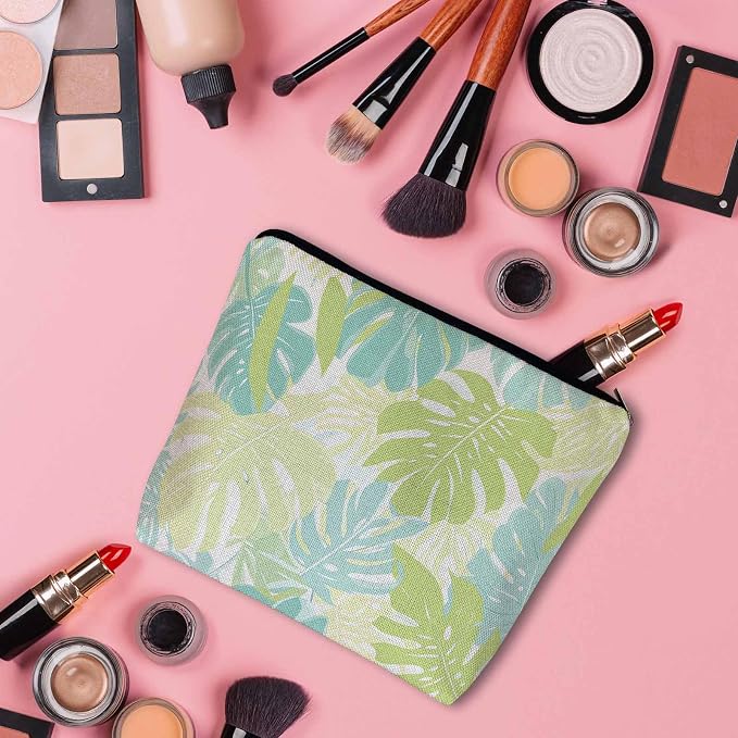 Palm Leaves Makeup Organizer Bag Cosmetic Bag For Men Women, Tropical Beach Palm Leaf Floral Travel Toiletry Bag Flax Makeup Bags Purse Business Makeup Pouch For Toiletries Cosmetics Green - Image 3