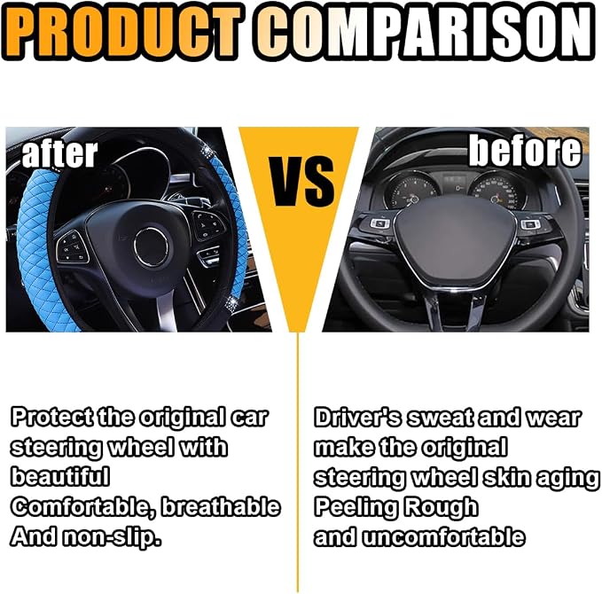 JOYCOURT 15 Inch Bling Soft Leather Car Steering Wheel Cover, Blue | Colorful Rhinestones Design, Auto Elastic Protector for Women Girls, Crystal Diamond Car Accessories for Most Cars, SUVs - Image 3