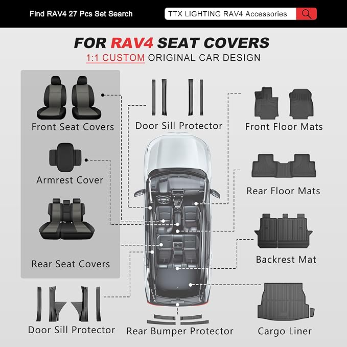 TTX LIGHTING Custom Fit for Toyota RAV4 Seat Covers 2013-2018 5-Seats | Original Seat Pattern | Full Coverage | Easy Install | Waterproof | Faux Leather | Shield Your Car Seats | All Season - Image 9