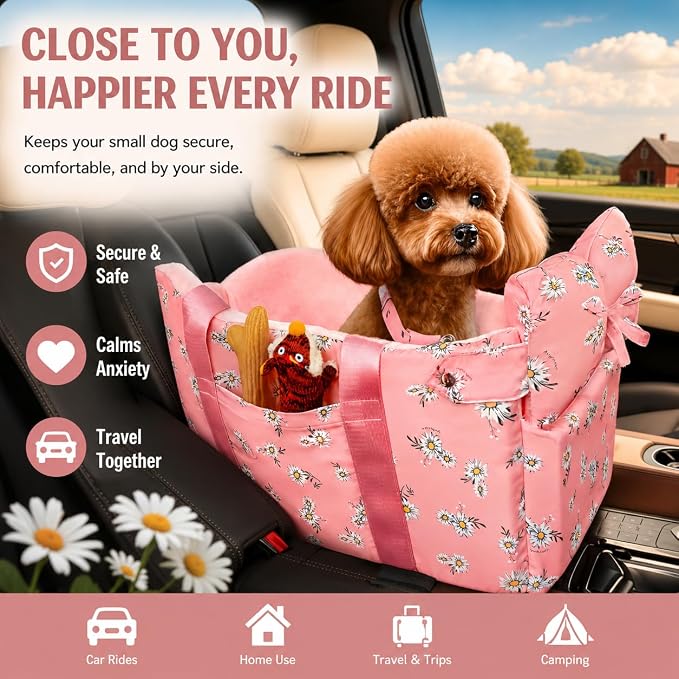 Console Dog Car Seat for Small Dogs Up to 11 Lbs, Pink Daisy | Portable Armrest Booster With Soft Cushion Safety Belt - Image 2