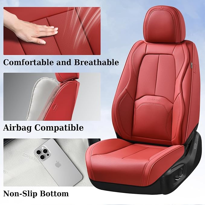 Coverado Car Seat Covers Full Set, Premium Nappa Leather Seat Covers for Car, Waterproof Car Seat Protector with Lumbar Support, Automotive Seat Covers Universal Fit for Most Cars SUV Truck, (Red) - Image 4