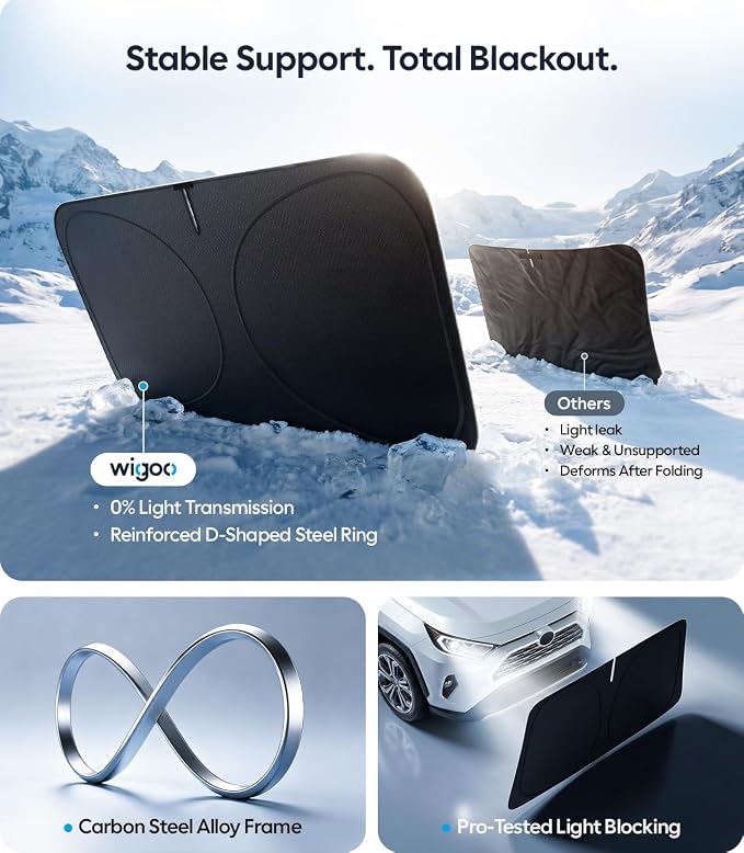 Wigoo Windshield Sunshade Small(59"x29") | Better Coverage with Adjustable Center, 100% Light Blocking, Cooling Tech Durable Fabric, Includes Storage Bag, Odor-free - Image 6